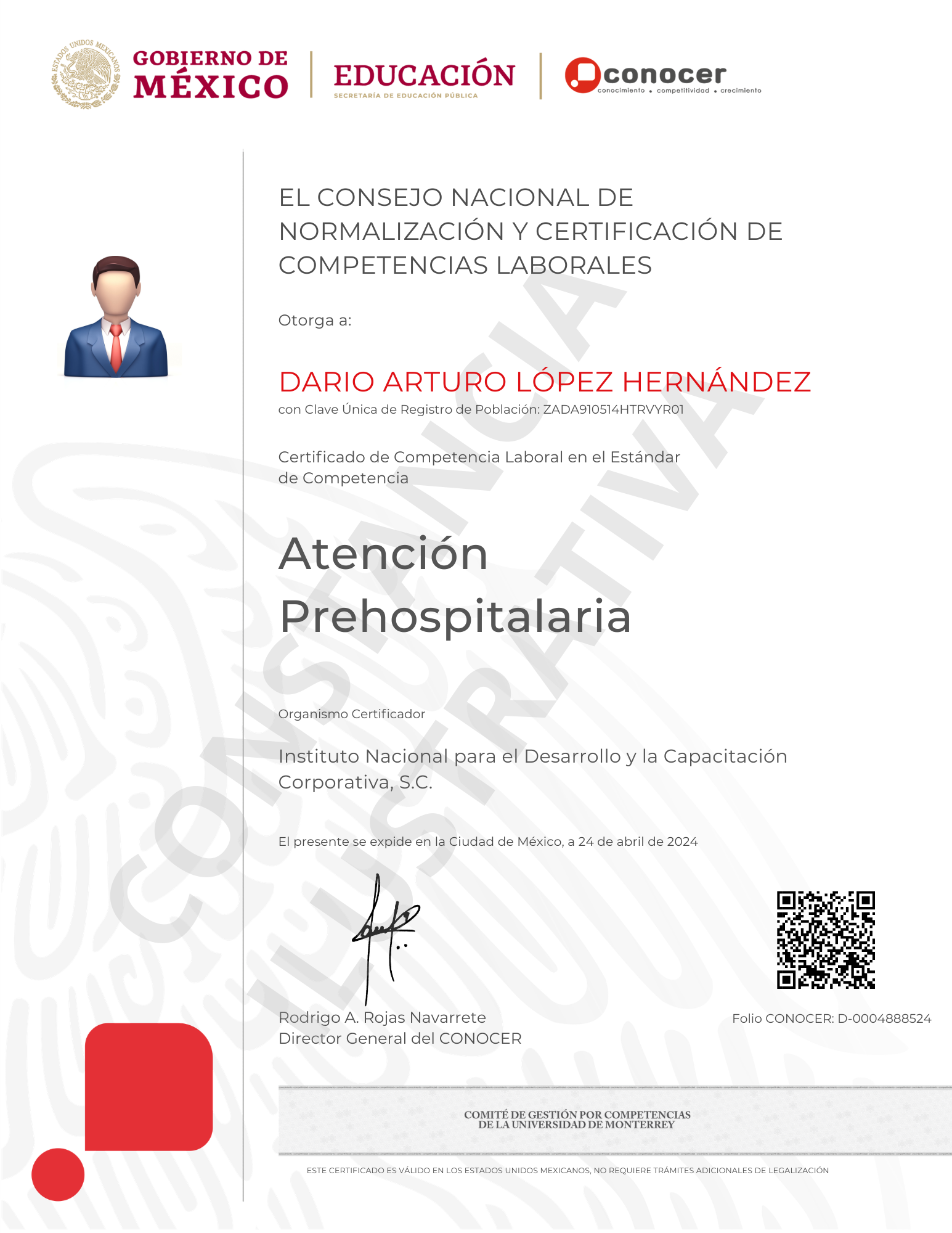 Certificado CONOCER/SEP EC0307.01